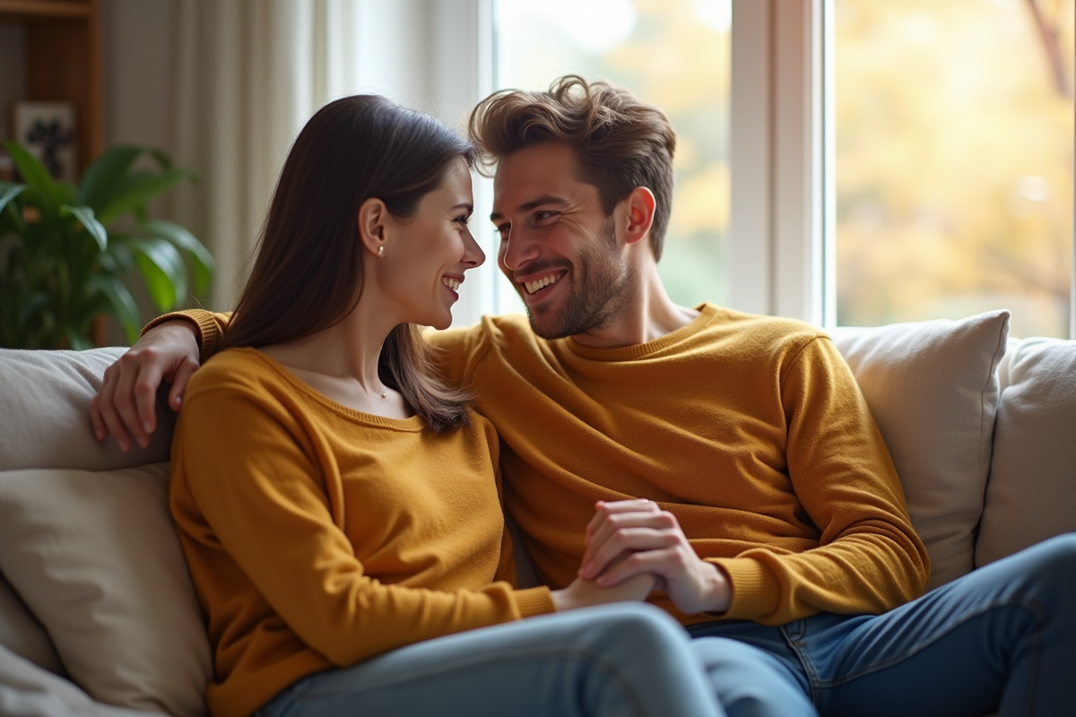 Jeune couple souriant sur un canapé à la maison