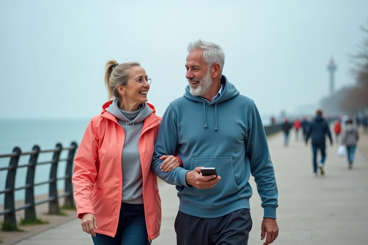 Couple de quinquagénaires marchant ensemble sur un front de mer en suivant leurs pas sur smartphone