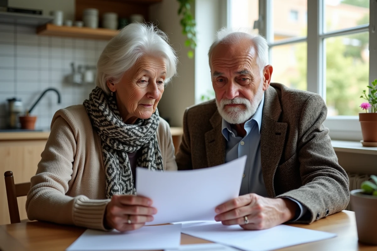 Couple retraité français examine documents de santé ensemble