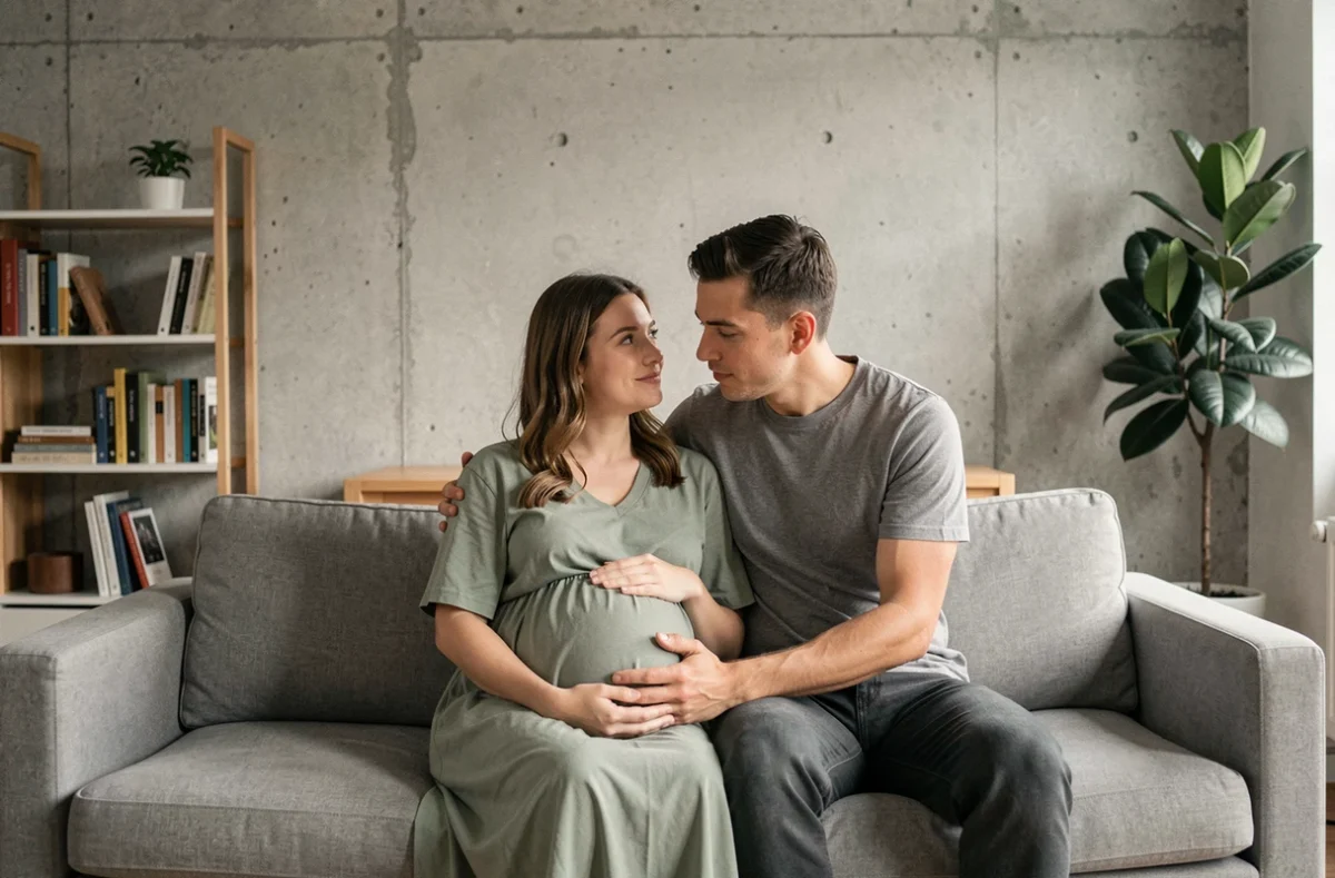 Couple attendant un bébé, main du partenaire posée sur le ventre de la femme enceinte, appartement moderne et épuré