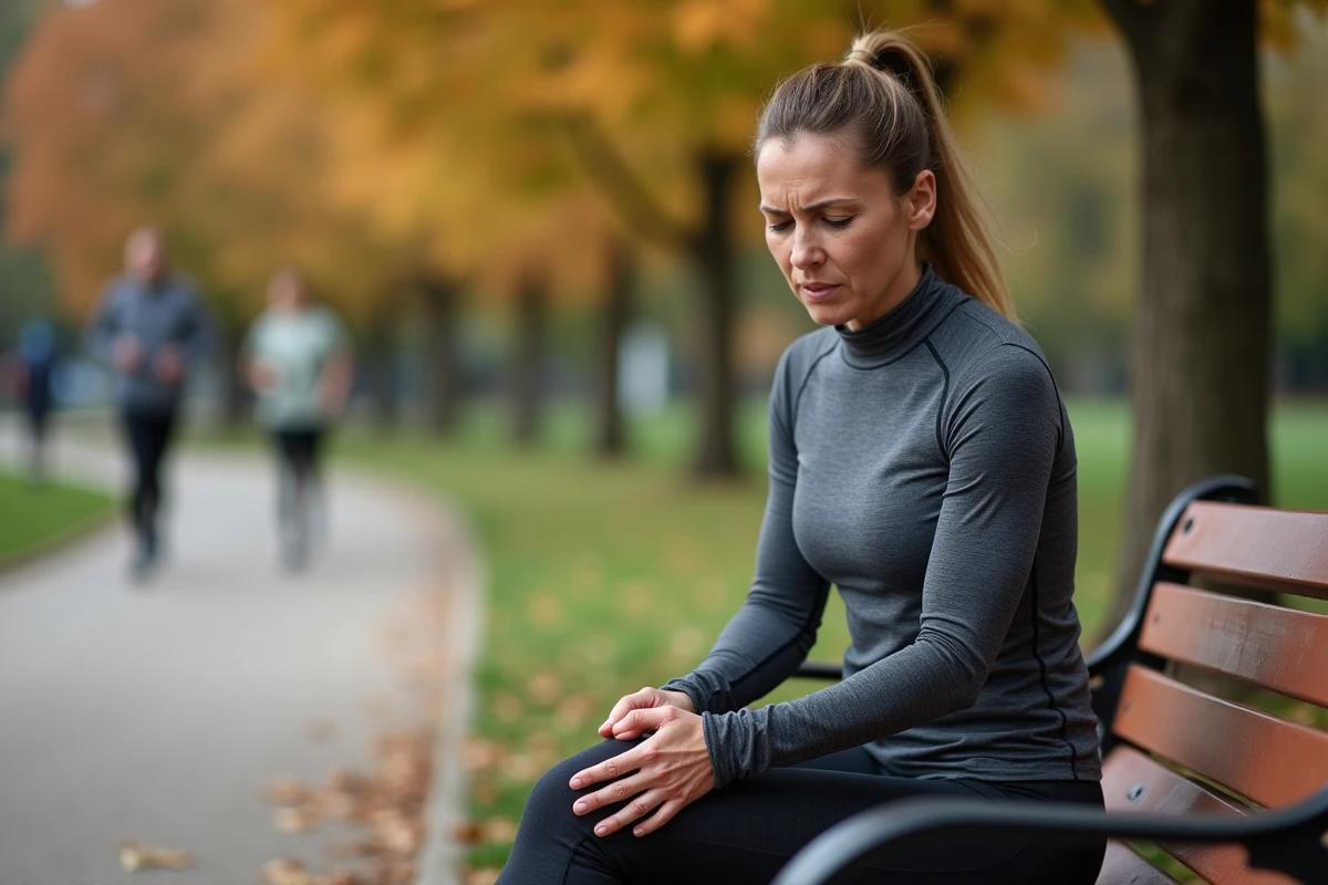 Coureuse tenant son genou douloureux apr&egrave;s une course, illustrant les douleurs de la face interne du genou li&eacute;es &agrave; la patte d'oie ou au m&eacute;nisque