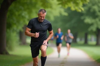 Homme courant se massant le genou lors d'une course en plein air