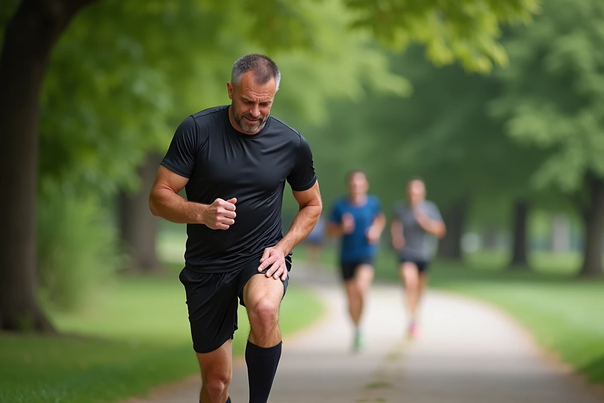 Homme courant se massant le genou lors d'une course en plein air