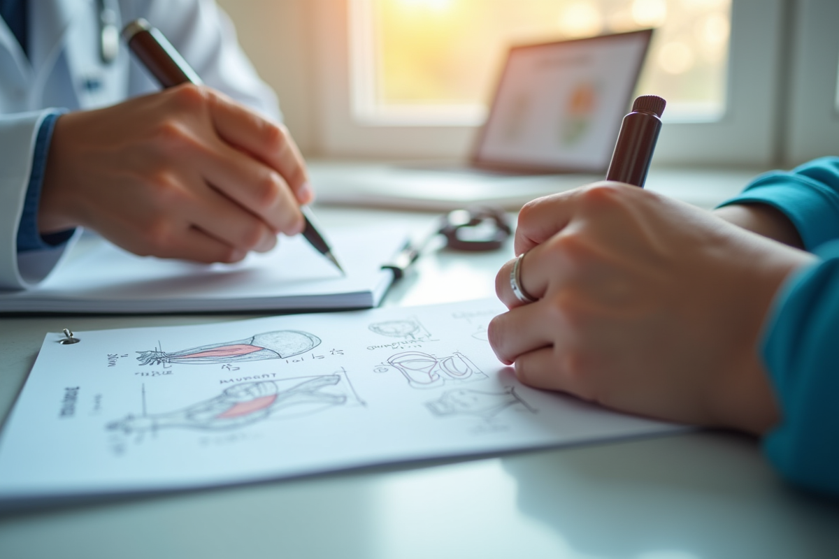 Mains tenant un carnet avec croquis musculaires et symptômes en lumière douce