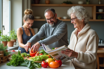 Groupe de trois adultes en cuisine saine et détendue