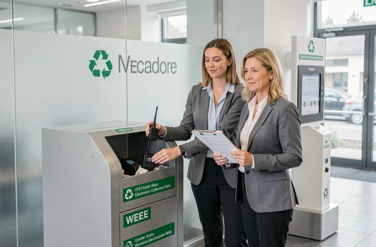 Deux employées déposant une radio professionnelle dans une borne de collecte DEEE en entreprise