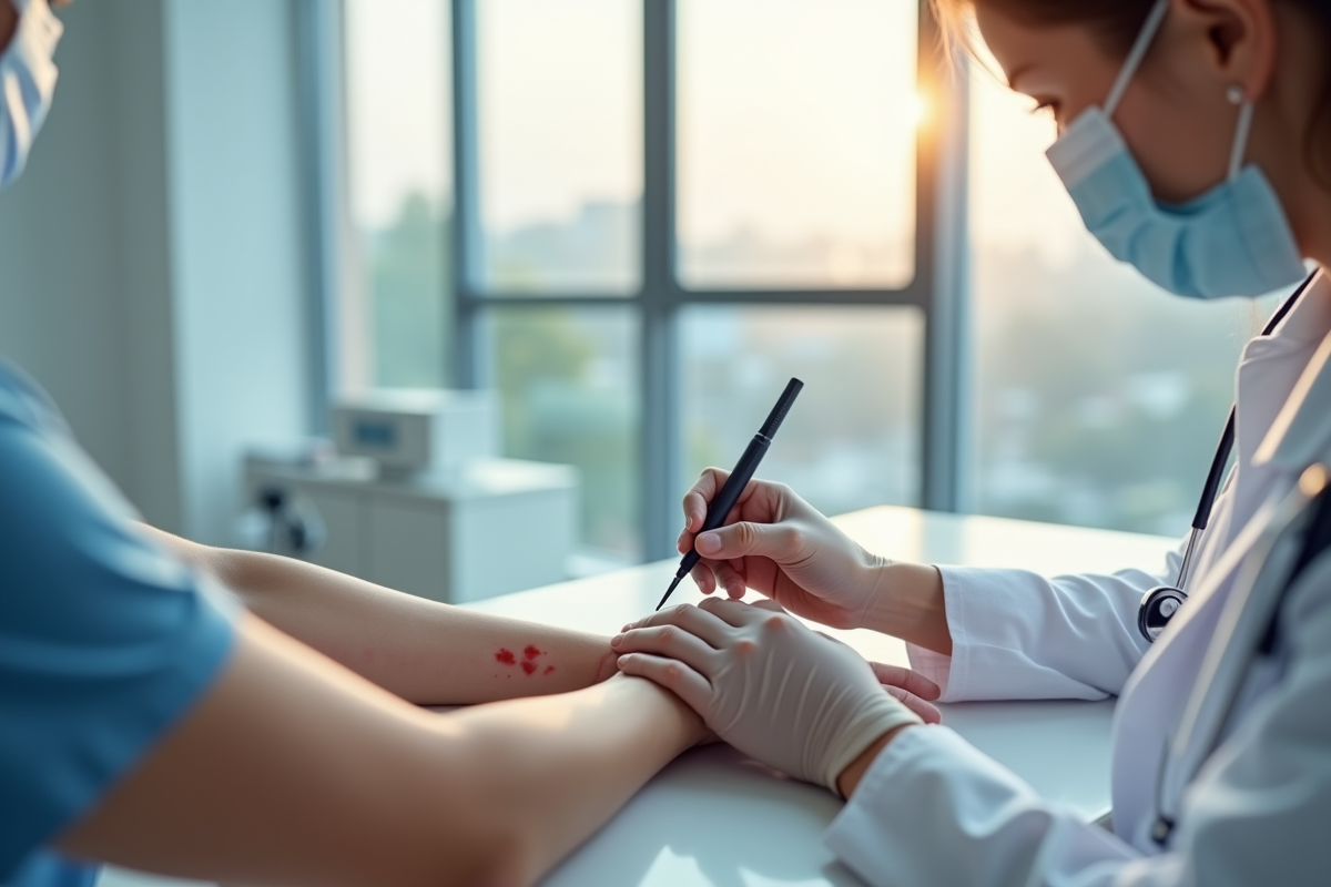 Médecin examinant un avant-bras avec lésions cutanées légères
