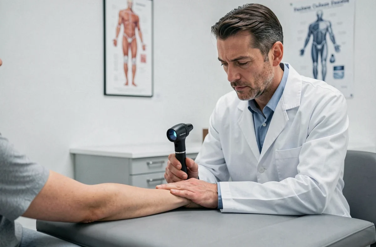 Dermatologue examinant la peau d'un patient avec un dermatoscope lors d'une consultation médicale sur les risques UV