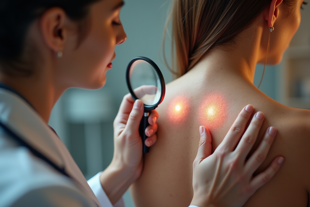 Médecin examinant des taches de peau avec une loupe