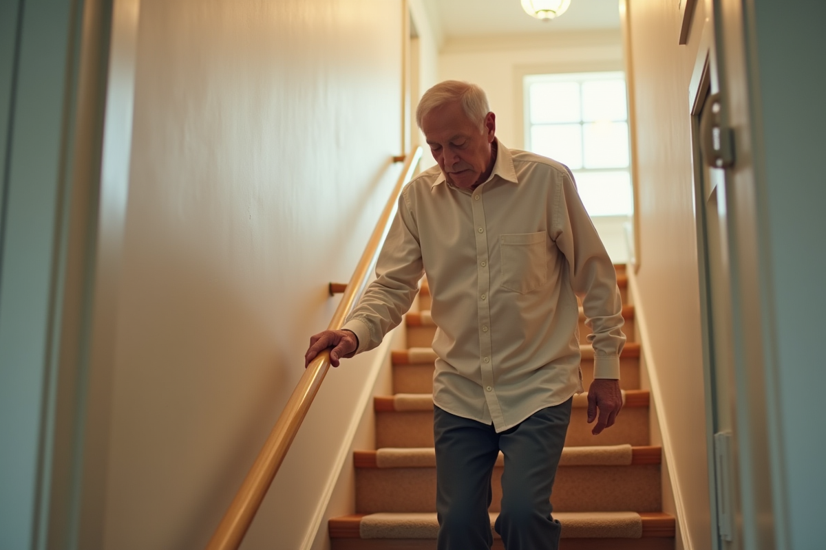 Homme agee descendant prudemment un escalier lumineux