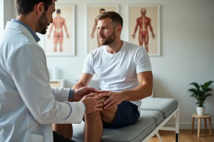 Kin&eacute;sith&eacute;rapeute examinant le genou interne d'un patient pour diagnostiquer une tendinopathie de la patte d'oie ou une l&eacute;sion du m&eacute;nisque interne
