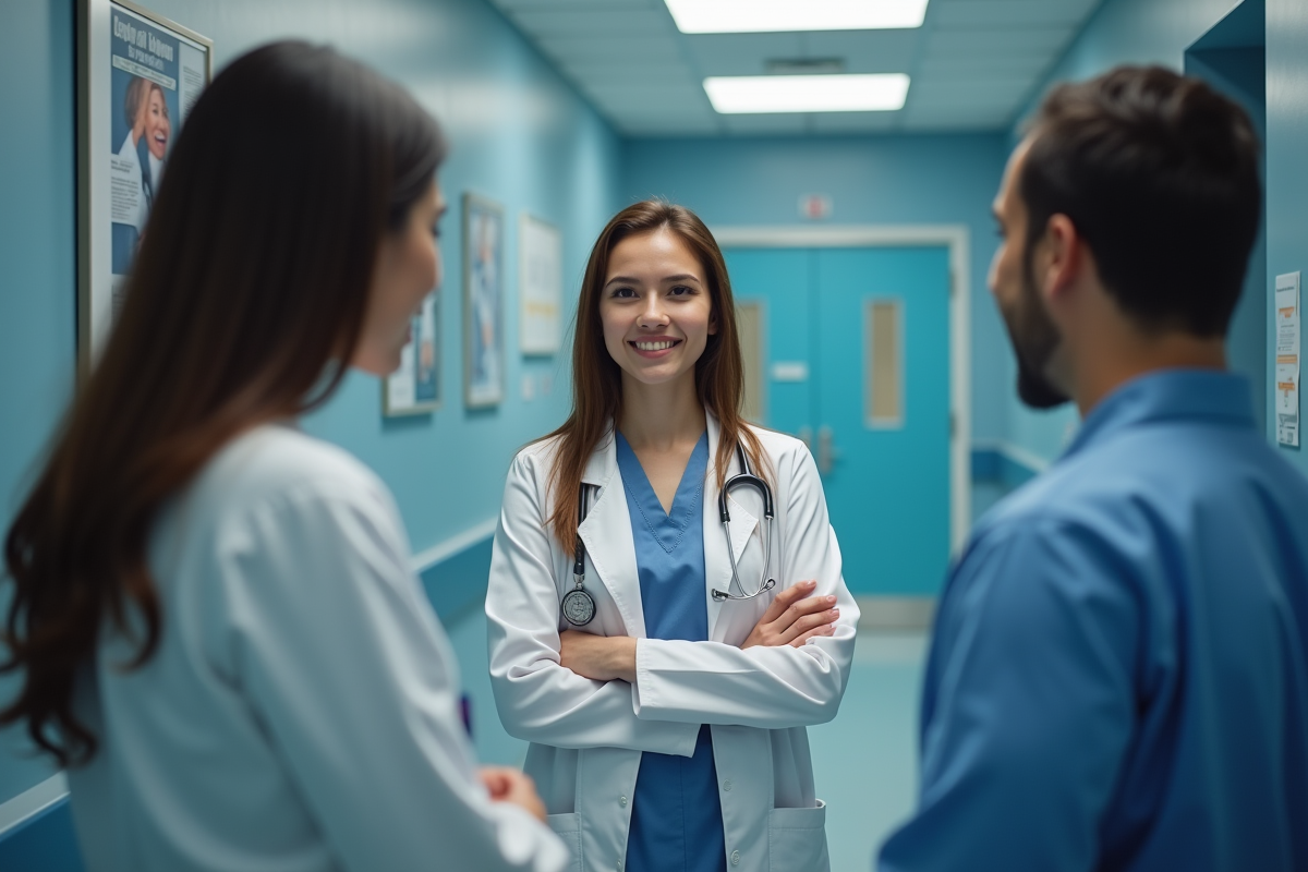 Jeune médecin femme en discussion avec collègues dans un hôpital