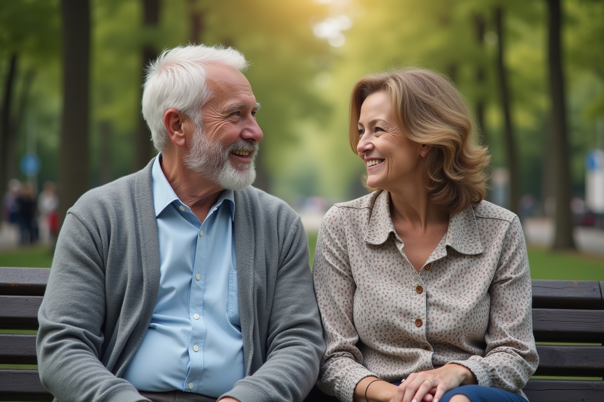 Homme et femme discutant sur un banc de parc en plein air