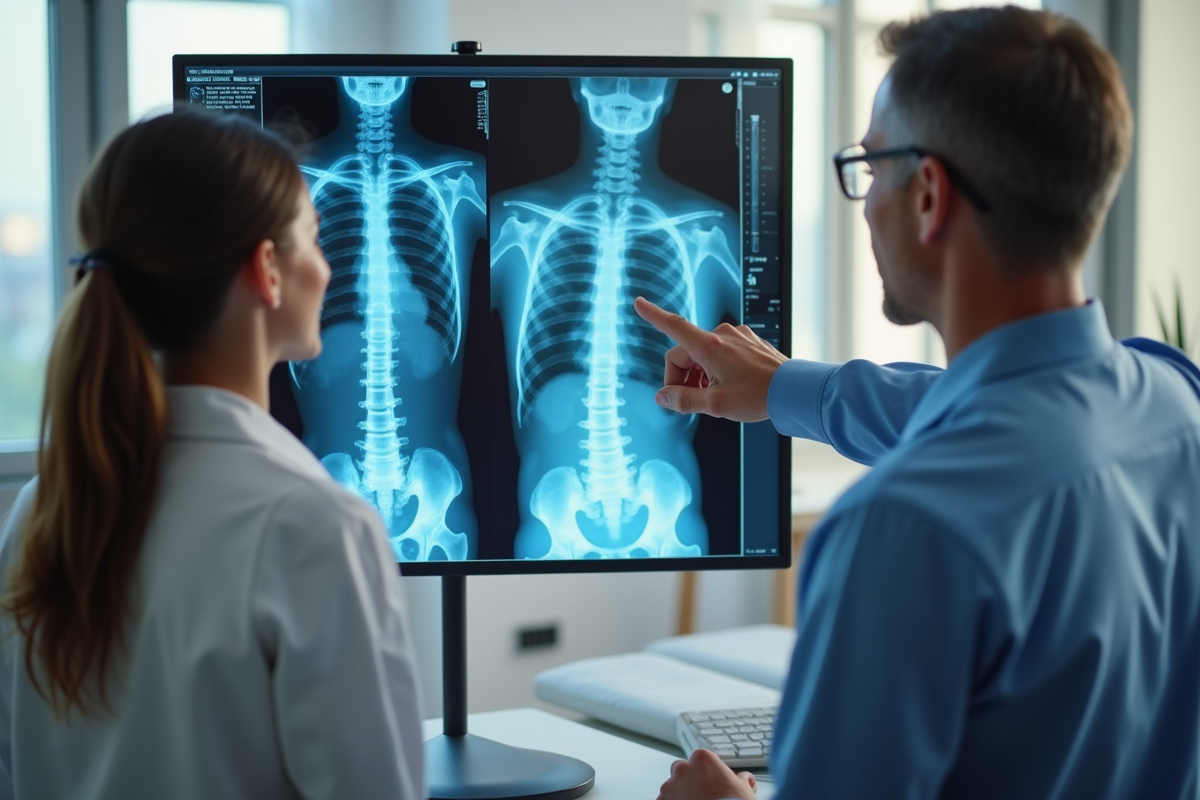 Médecin montrant une radio du dos à un patient souriant
