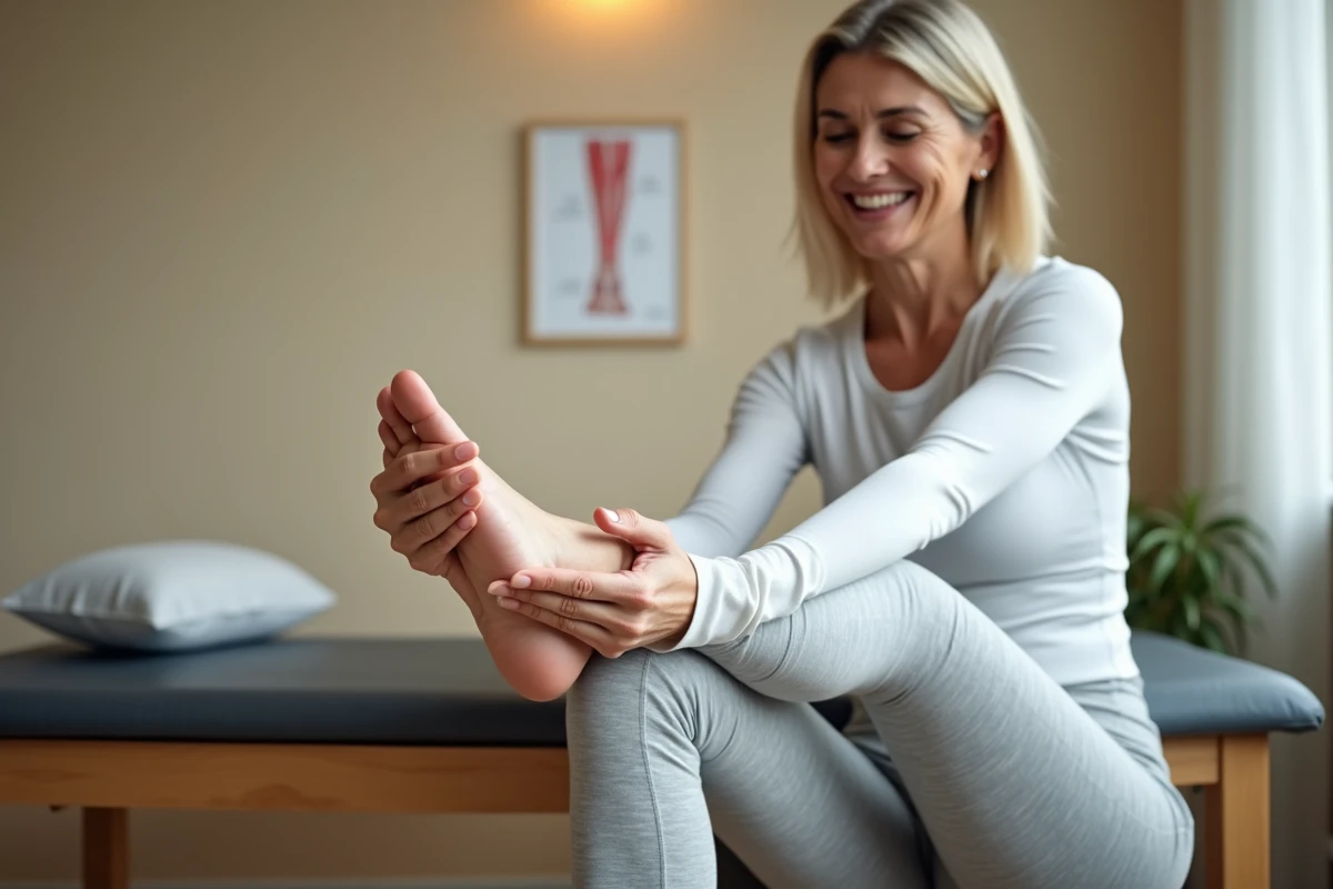 Femme d'âge moyen appuyant sur son talon douloureux dans une clinique de physiothérapie, illustrant la douleur liée à l'épine calcanéenne et au surpoids