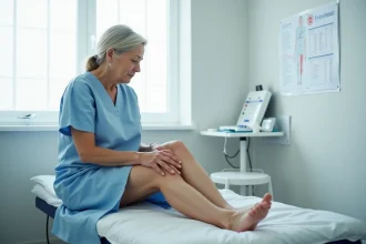 Femme d'âge moyen dans un cabinet médical qui palpe sa jambe après une opération des varices de la veine saphène