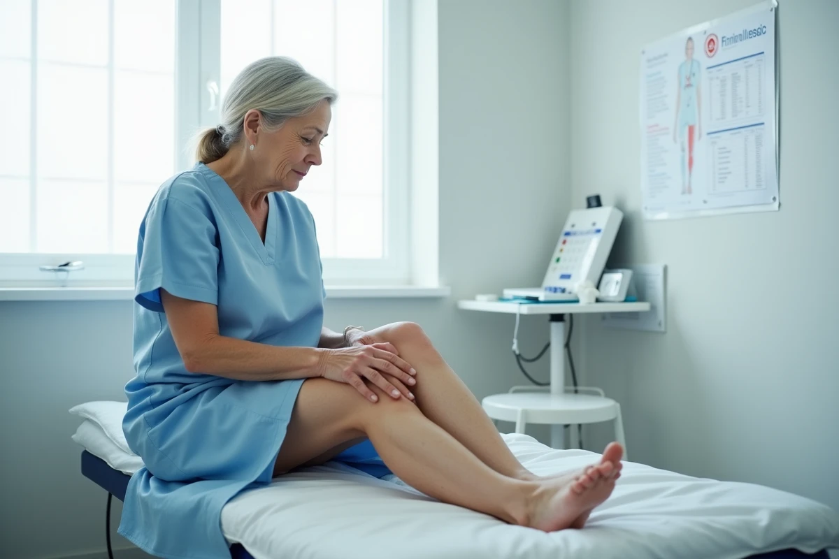 Femme d'âge moyen dans un cabinet médical qui palpe sa jambe après une opération des varices de la veine saphène