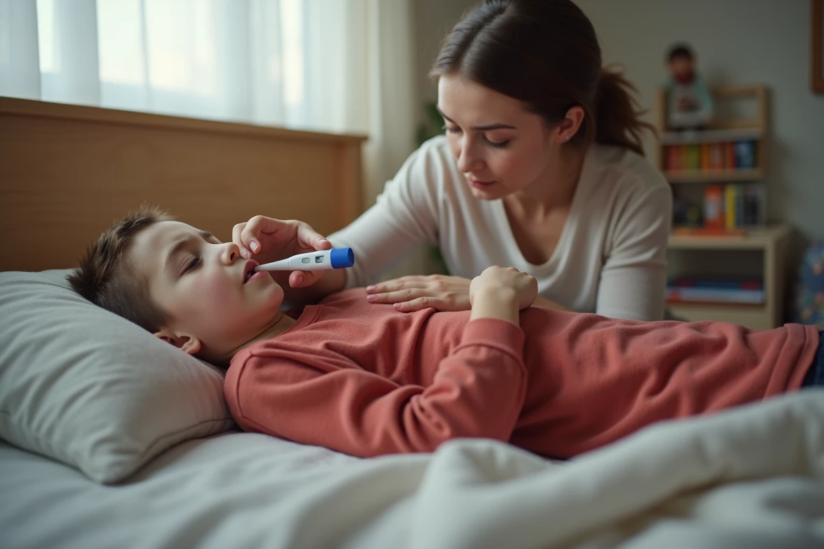 Enfant fiévreux couché dans son lit avec thermomètre, mère inquiète vérifiant sa température pendant la grippe