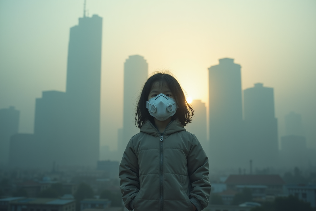 Enfant portant un masque dans une ville polluée