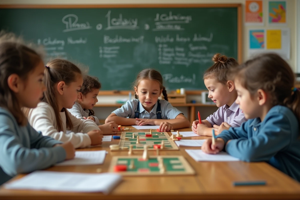 Enfants autour d'une table jouant à un jeu de société