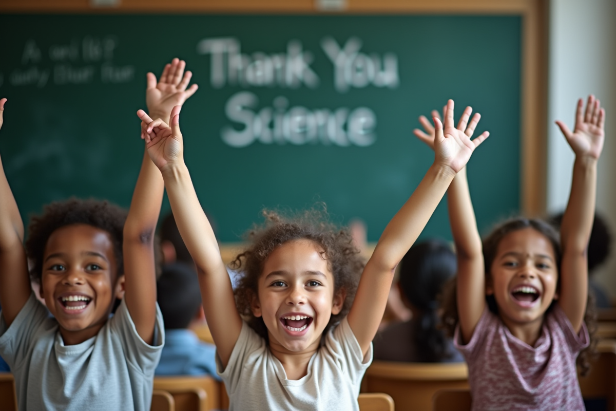 Enfants joyeux en classe levant la main avec message merci science