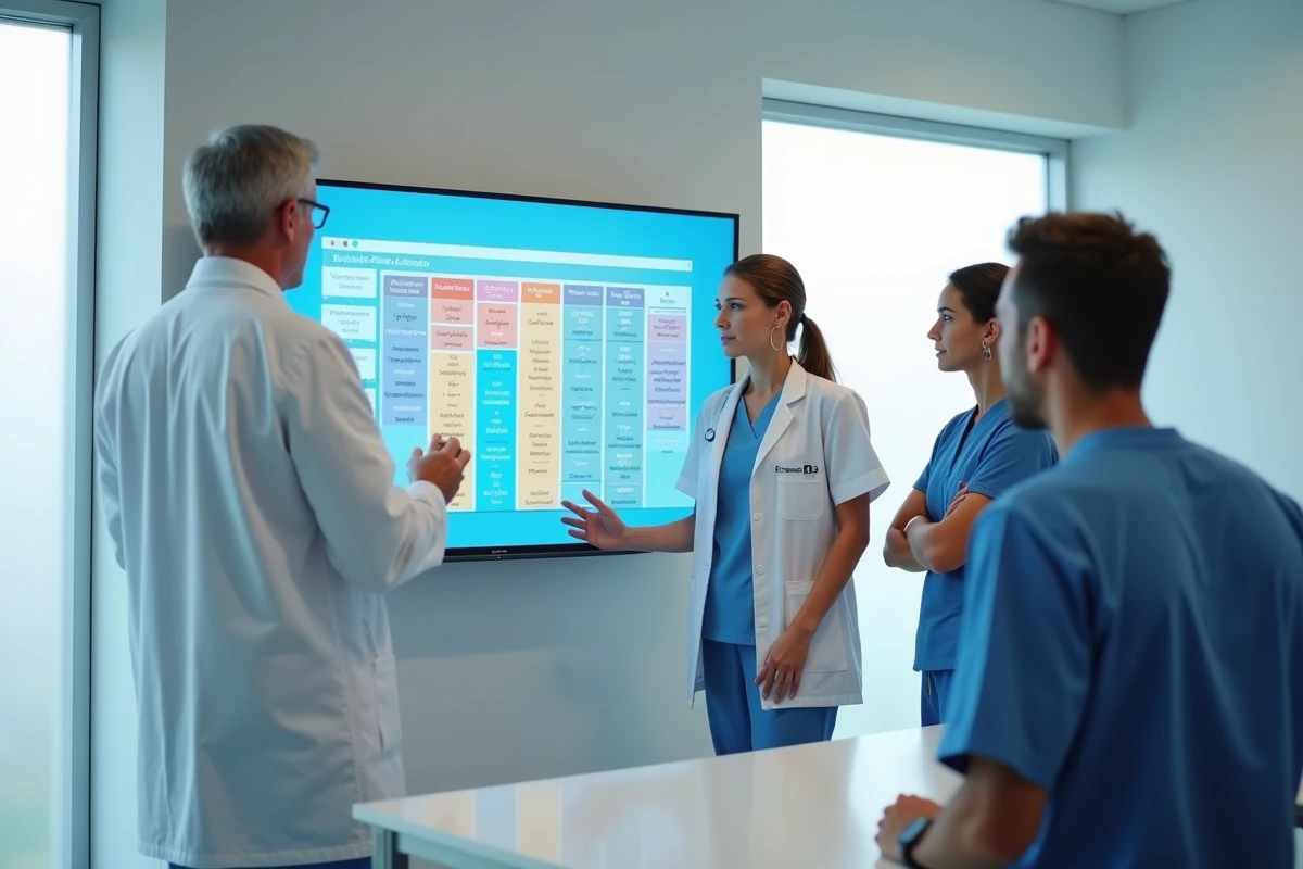 Équipe médicale pluridisciplinaire consultant un planning numérique interactif dans une salle de réunion de clinique