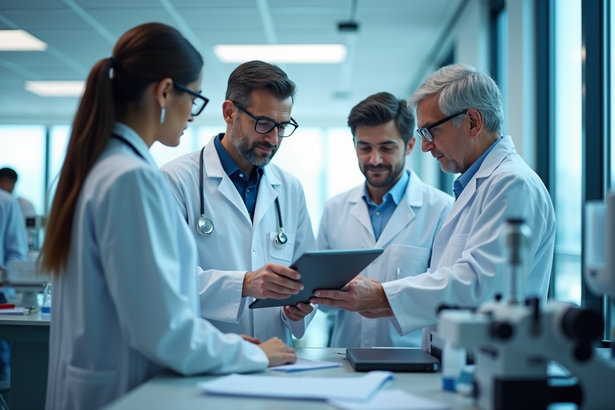 Équipe de médecins et chercheurs en laboratoire moderne pour le traitement du cancer
