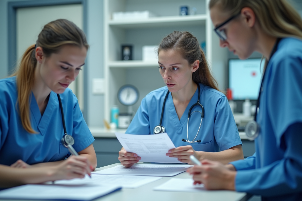 Infirmière et équipe médicale en réunion dans un cabinet moderne