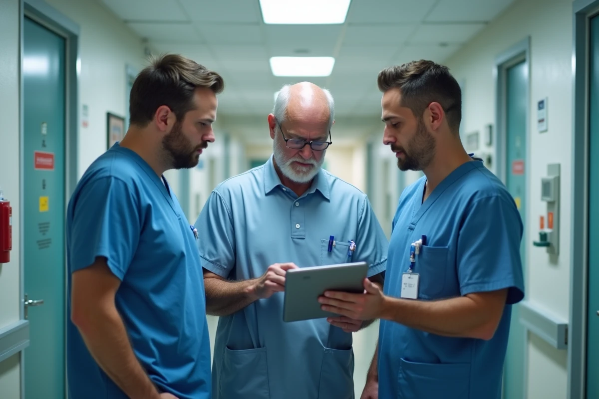 Groupe de superviseurs en h&ocirc;pital dans le couloir