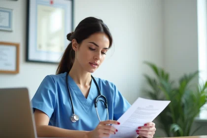 Ergothérapeute femme en cabinet privé examinant des documents salariaux sur un bureau moderne