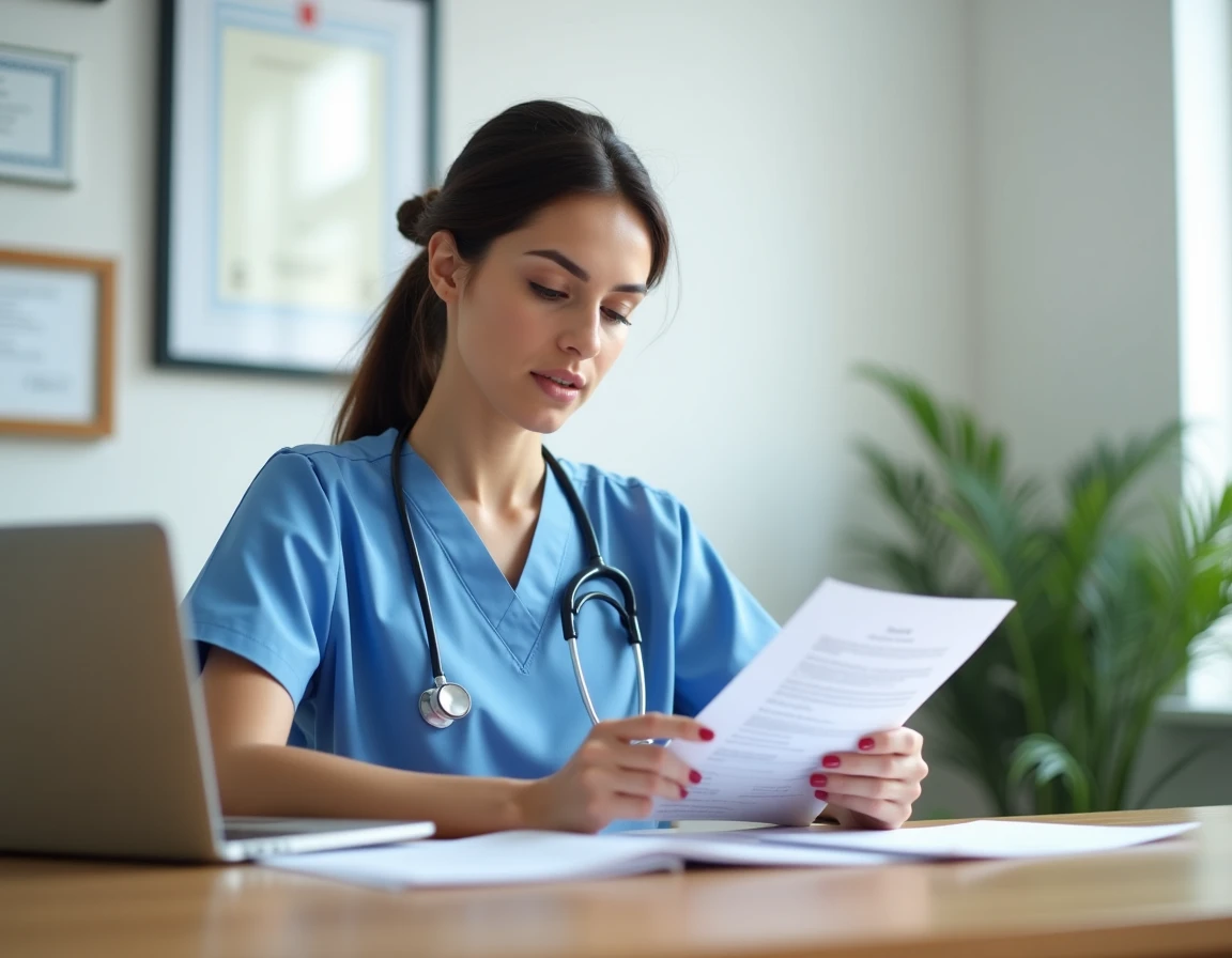 Ergothérapeute femme en cabinet privé examinant des documents salariaux sur un bureau moderne