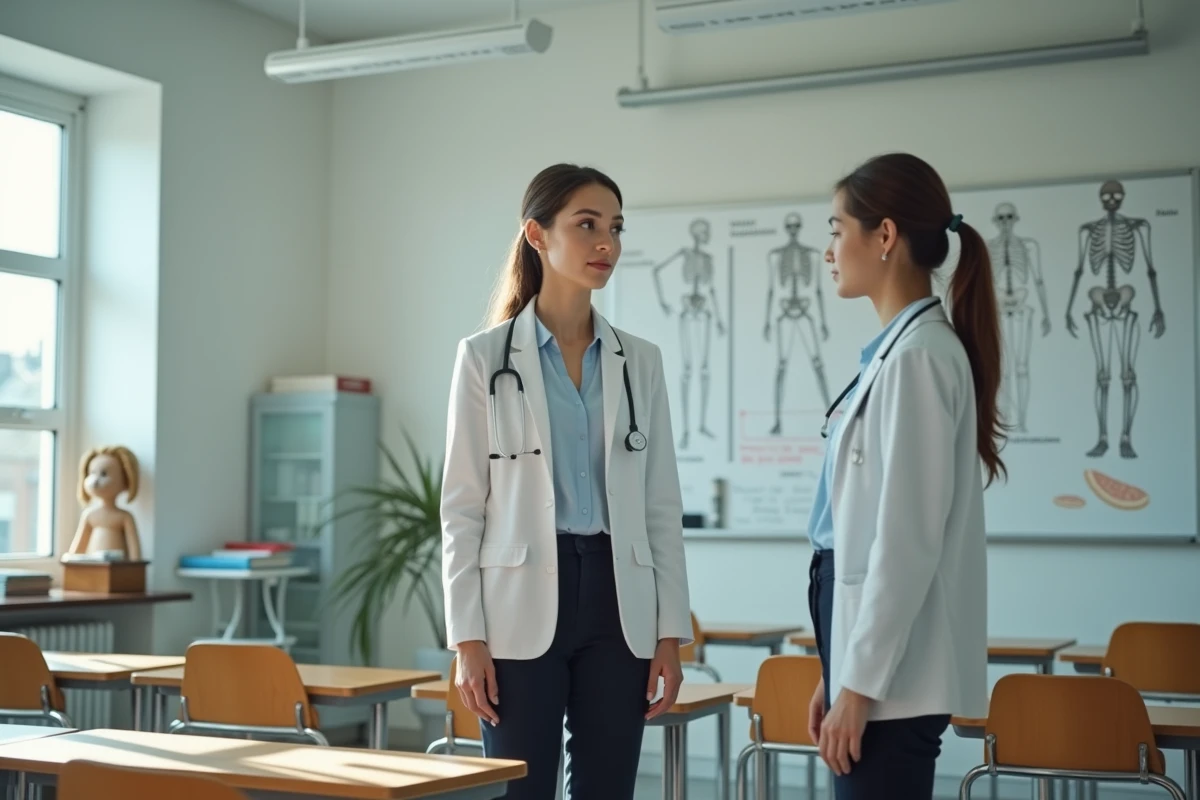 Jeune étudiante en médecine devant un tableau d