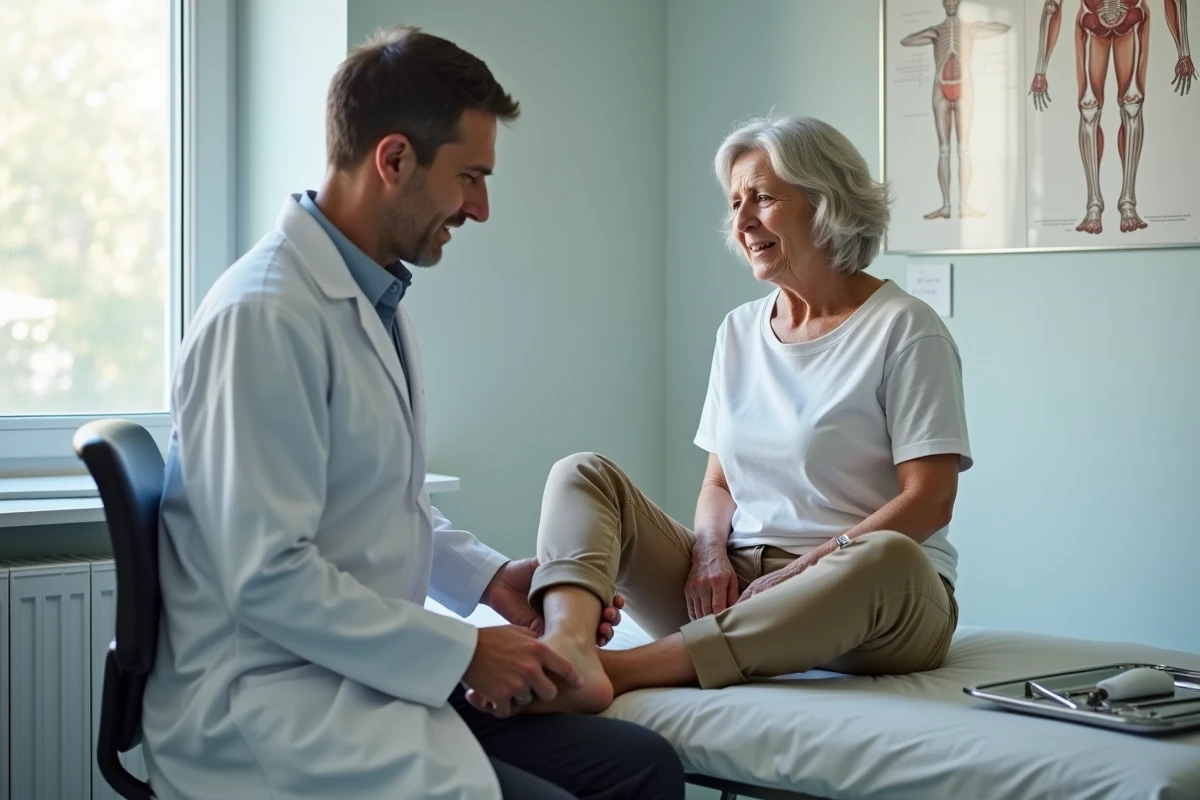 Médecin examinant la cheville d'une patiente atteinte d'algodystrophie lors d'une consultation médicale