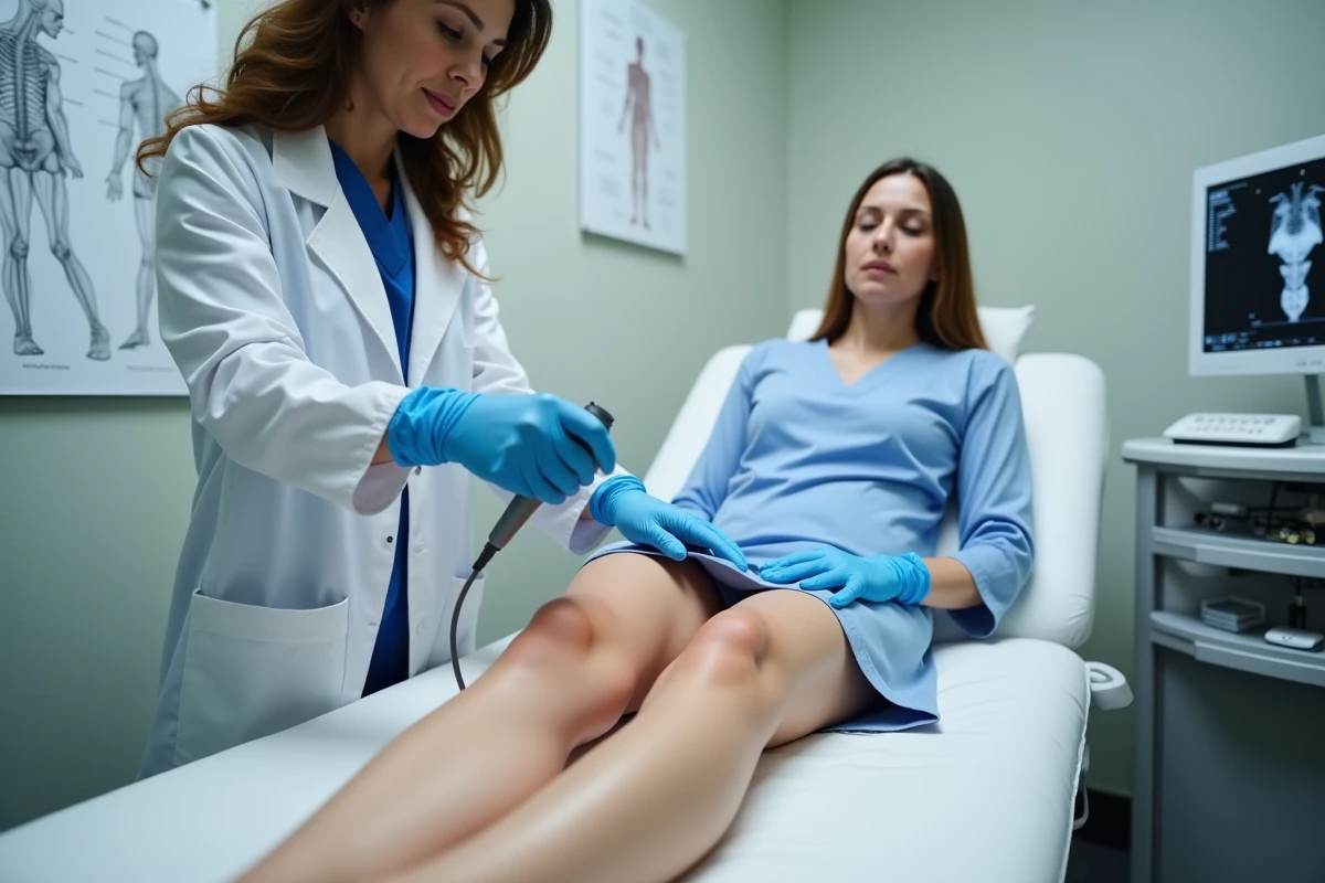 Médecin vasculaire examinant la jambe d'une patiente avec une sonde Doppler lors d'un suivi post-opératoire des varices