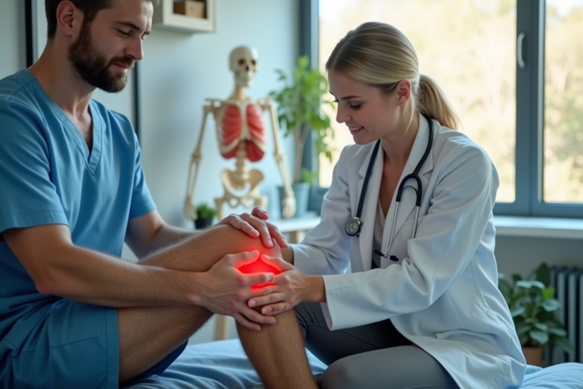 Spécialiste musculosquelettique examinant un genou en clinique