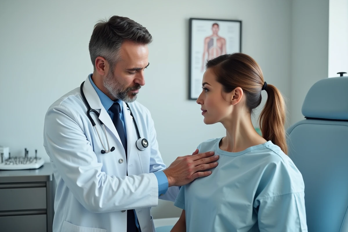 Médecin examinant la douleur à l'aisselle gauche d'une patiente lors d'une consultation médicale