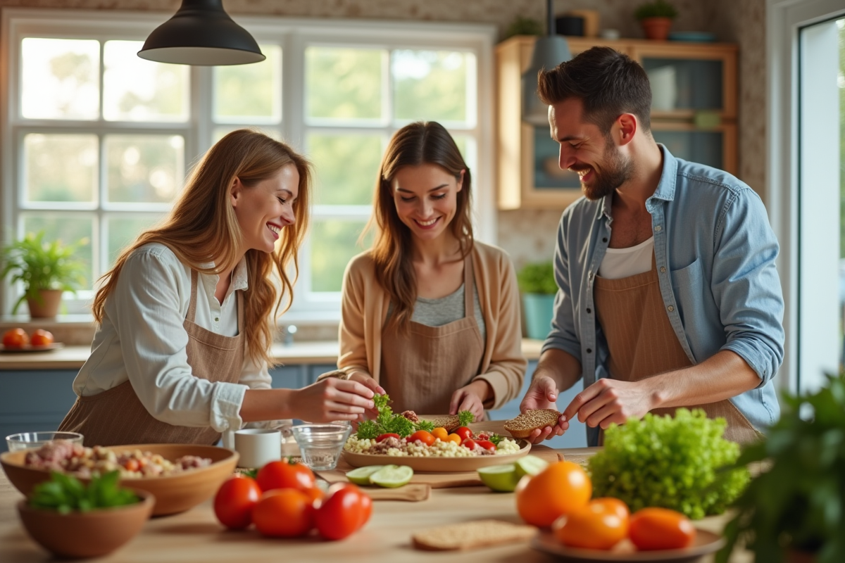 Famille heureuse préparant un repas équilibré dans la cuisine