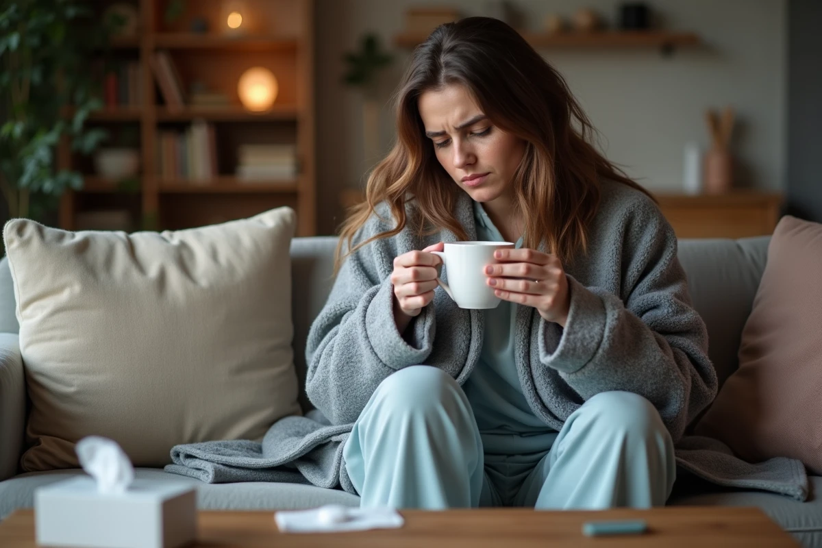 Femme adulte fatiguée enveloppée dans une couverture avec une tasse de thé, symptômes de grippe en période d'incubation
