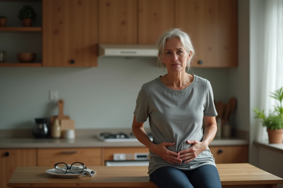 Femme adulte assise dans une cuisine tenant son ventre, illustrant des troubles digestifs et des gaz à odeur de soufre