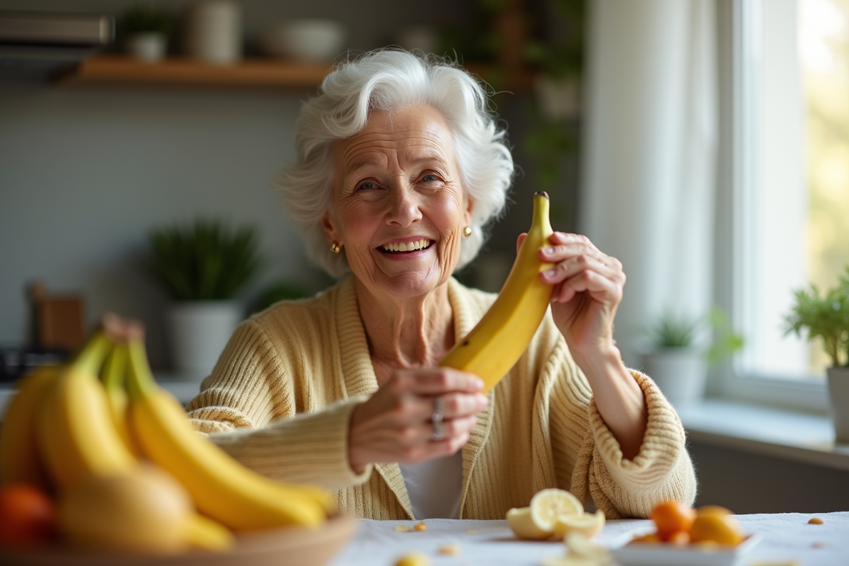 Femme agee souriante avec banane dans la cuisine