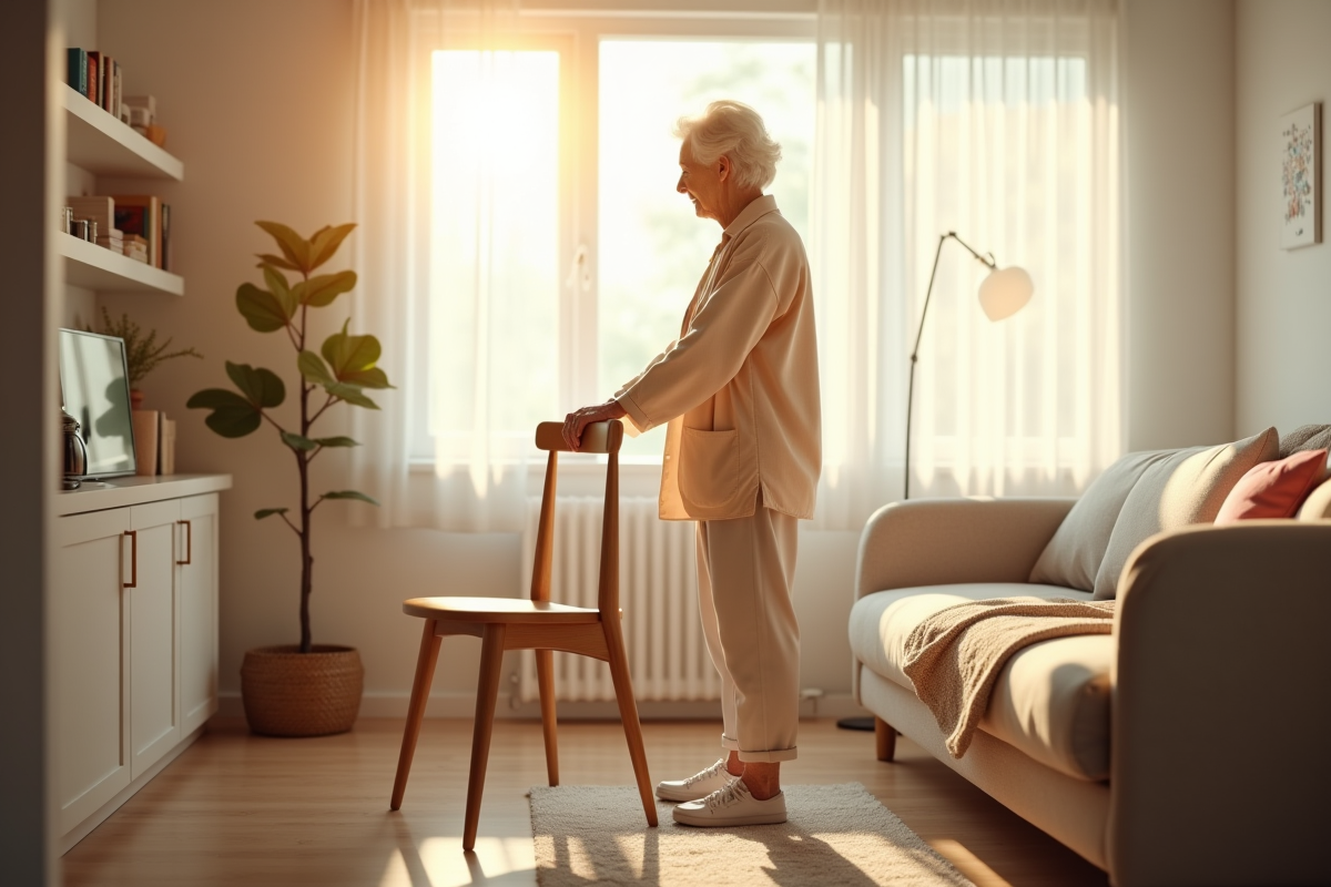 Femme agee debout dans un salon lumineux et moderne