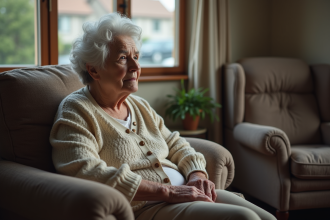 Femme âgée assise sur un canapé dans un salon modeste