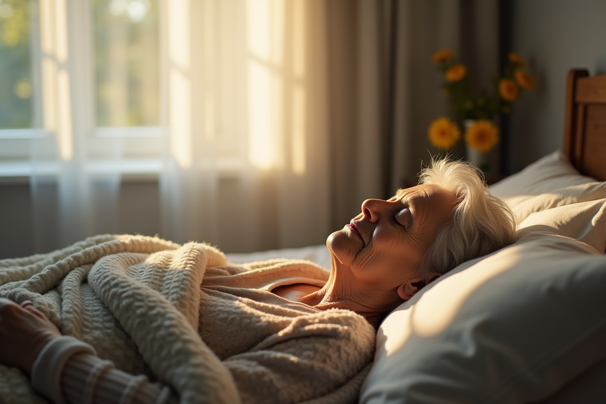 Femme agee dormant paisiblement dans une chambre lumineuse