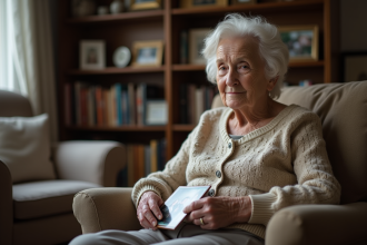 Femme âgée tenant une photo de famille dans un salon chaleureux
