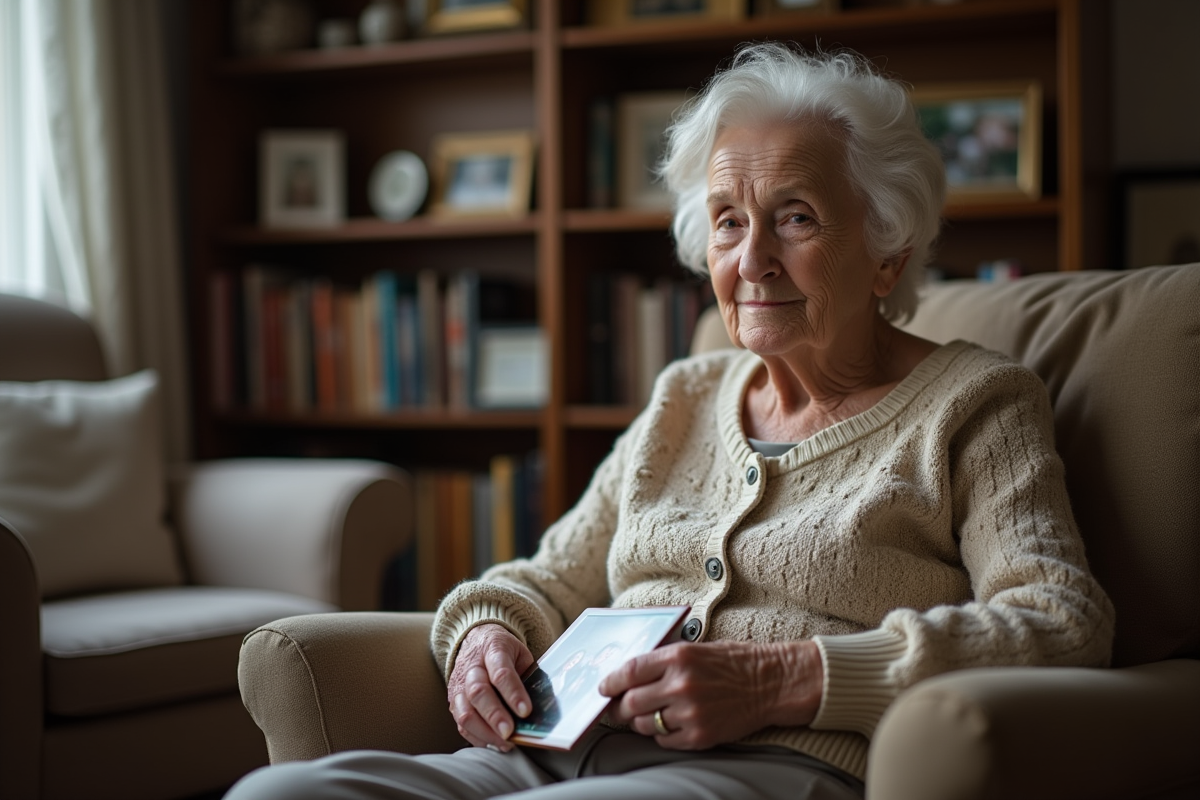 Femme âgée tenant une photo de famille dans un salon chaleureux