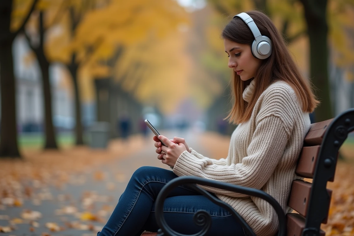 Jeune femme écoute musique sur un banc en automne