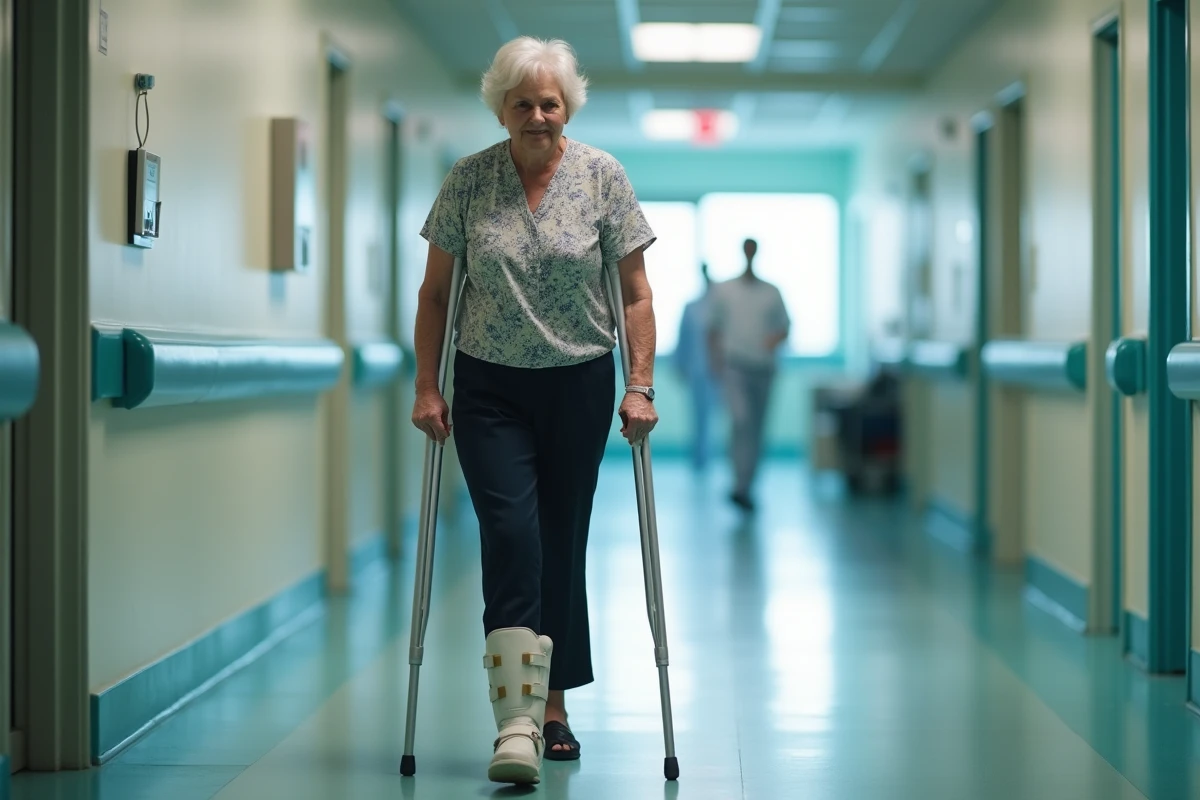 Femme âgée marchant avec une béquille et une botte orthopédique dans un couloir de rééducation pour algodystrophie