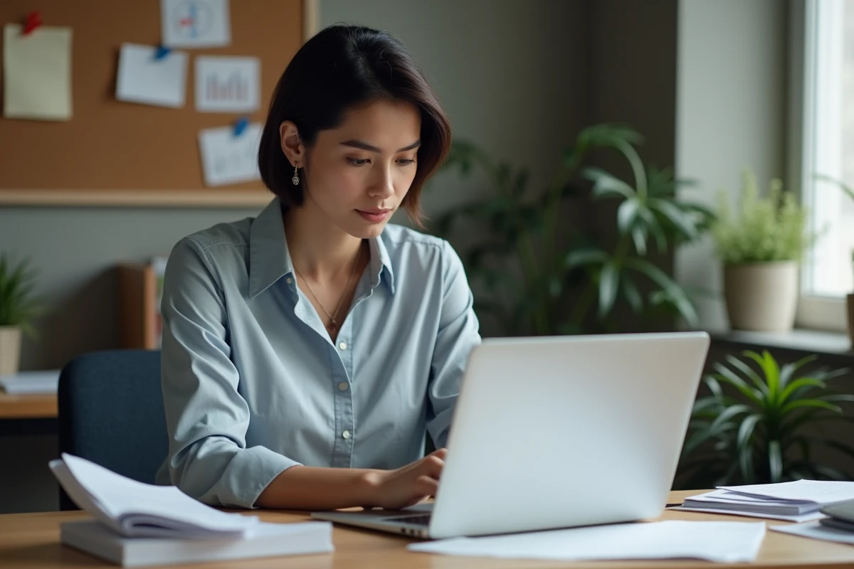 Femme d'affaires regardant un tableau de bord numérique dans un bureau moderne