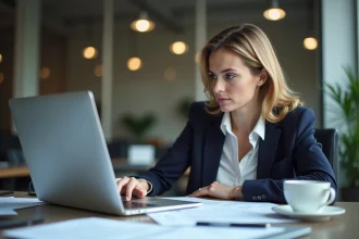 Femme en bureau étudiant son écran d'ordinateur