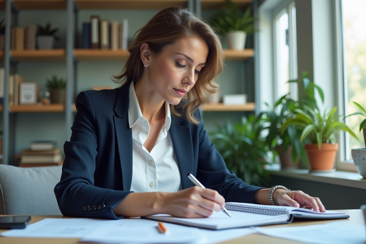 Femme professionnelle en bureau organise documents et notes